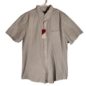 IZOD shirt mens XL Large cream saxony blue check short sleeve button cotton NWT